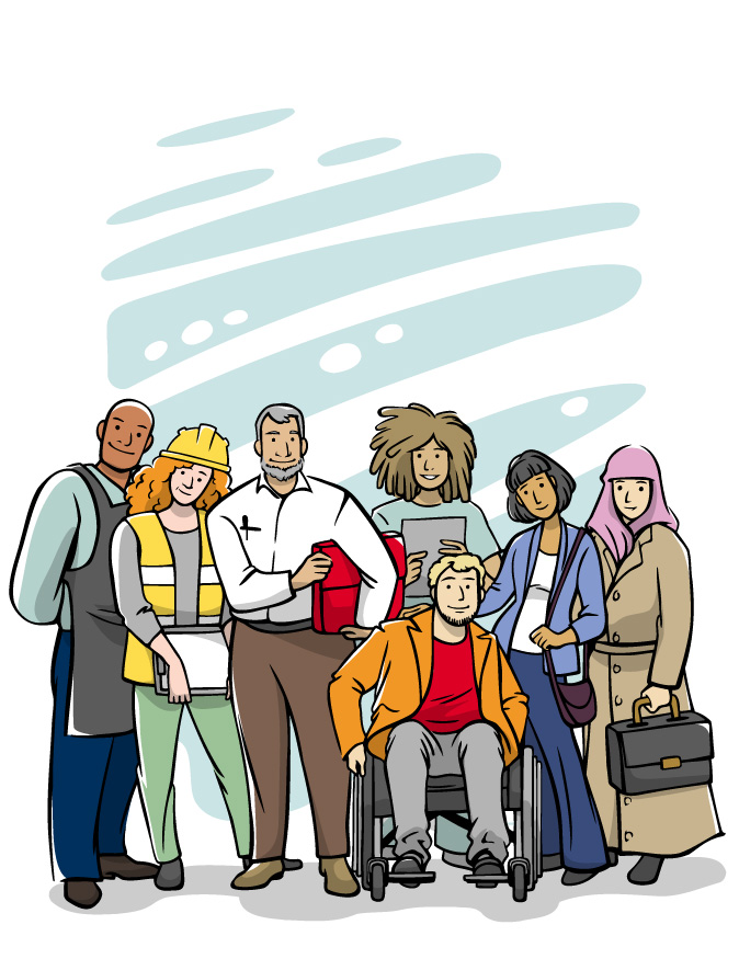 Zeichnung zeigt Gruppe von Arbeitnehmer*innen mit unterschiedlichen Identitätsmerkmalen wie Behinderung, Gender, Person of Colour  